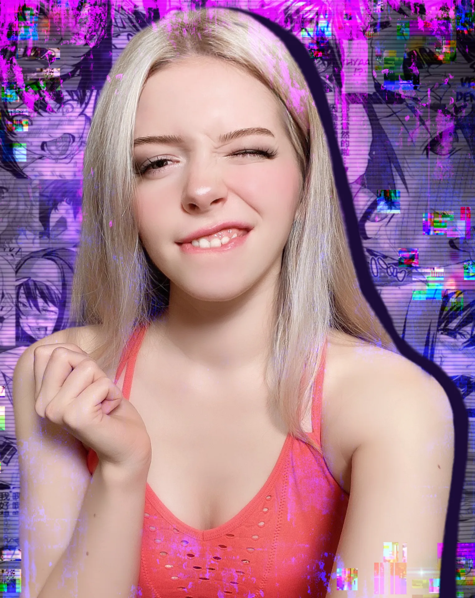 Coral tank top on a glitch backdrop