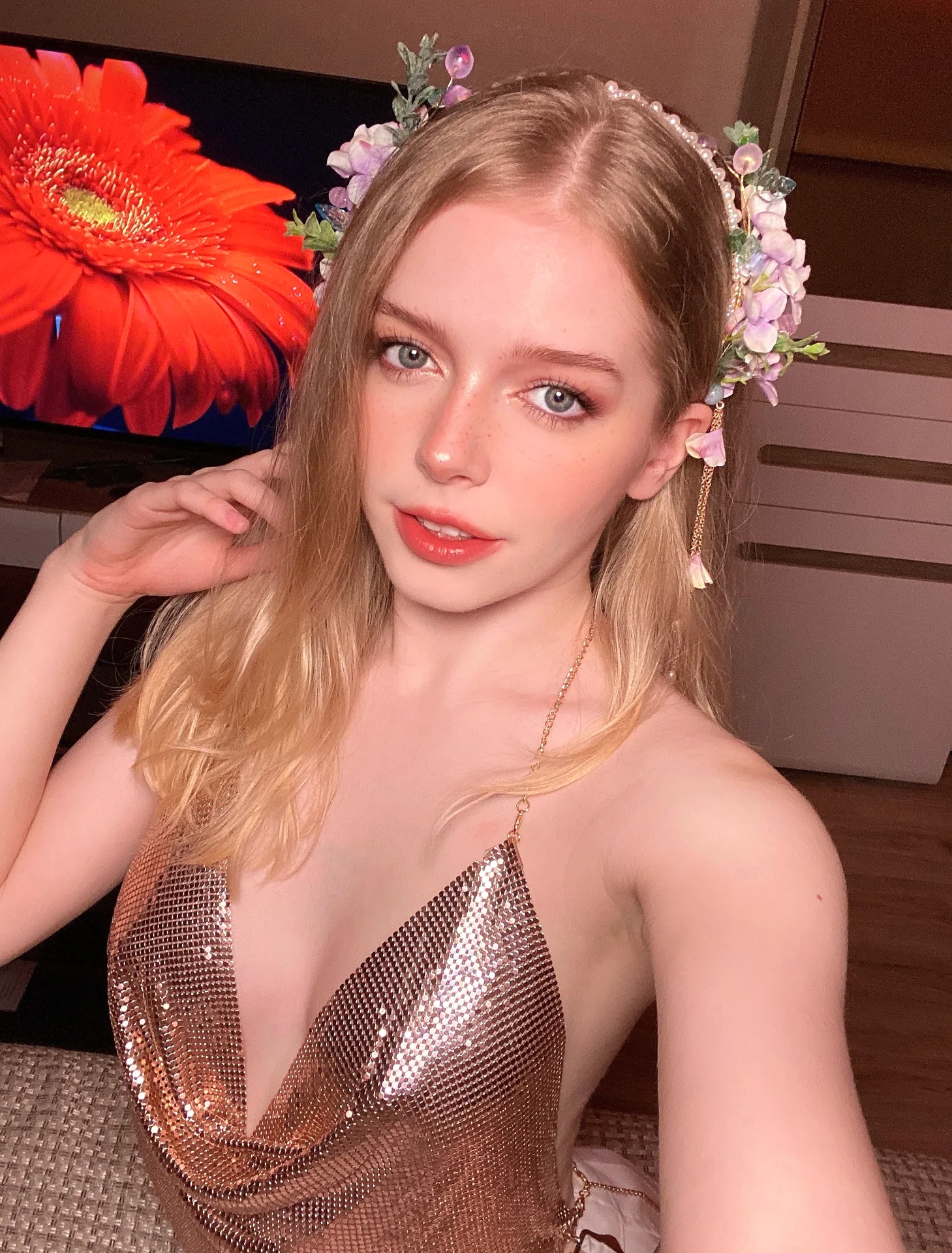 Gold sequin top indoors