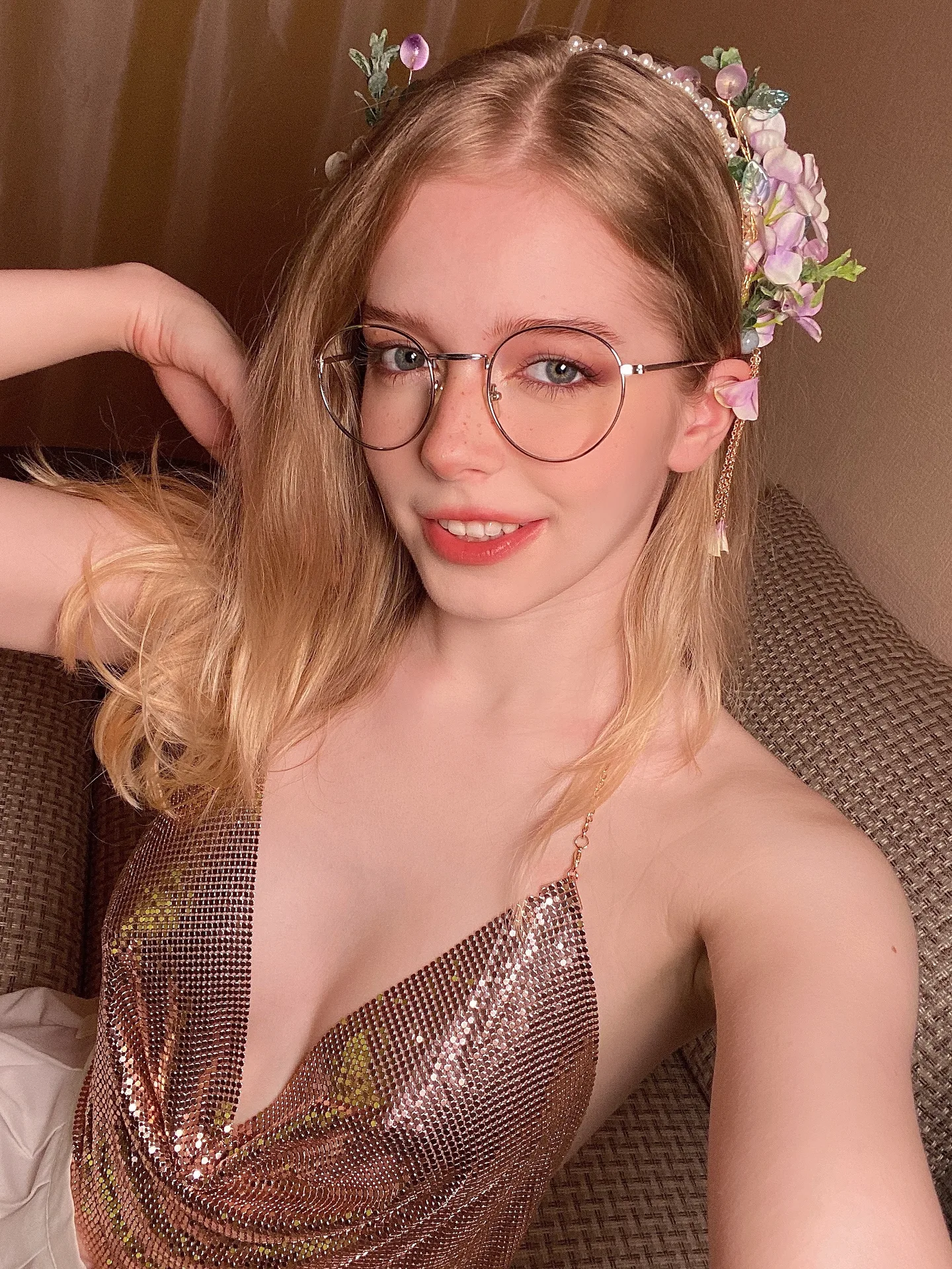 Rose-gold sequin dress with flowers