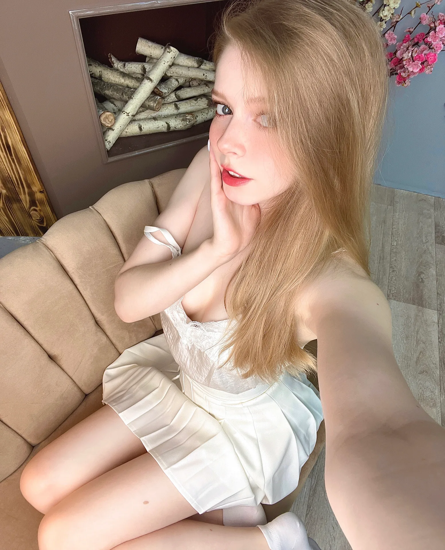 White dress on a beige sofa